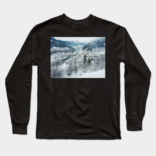 Wintertime - View on Snow-Covered Scandinavian Valley and Town Long Sleeve T-Shirt by visualspectrum